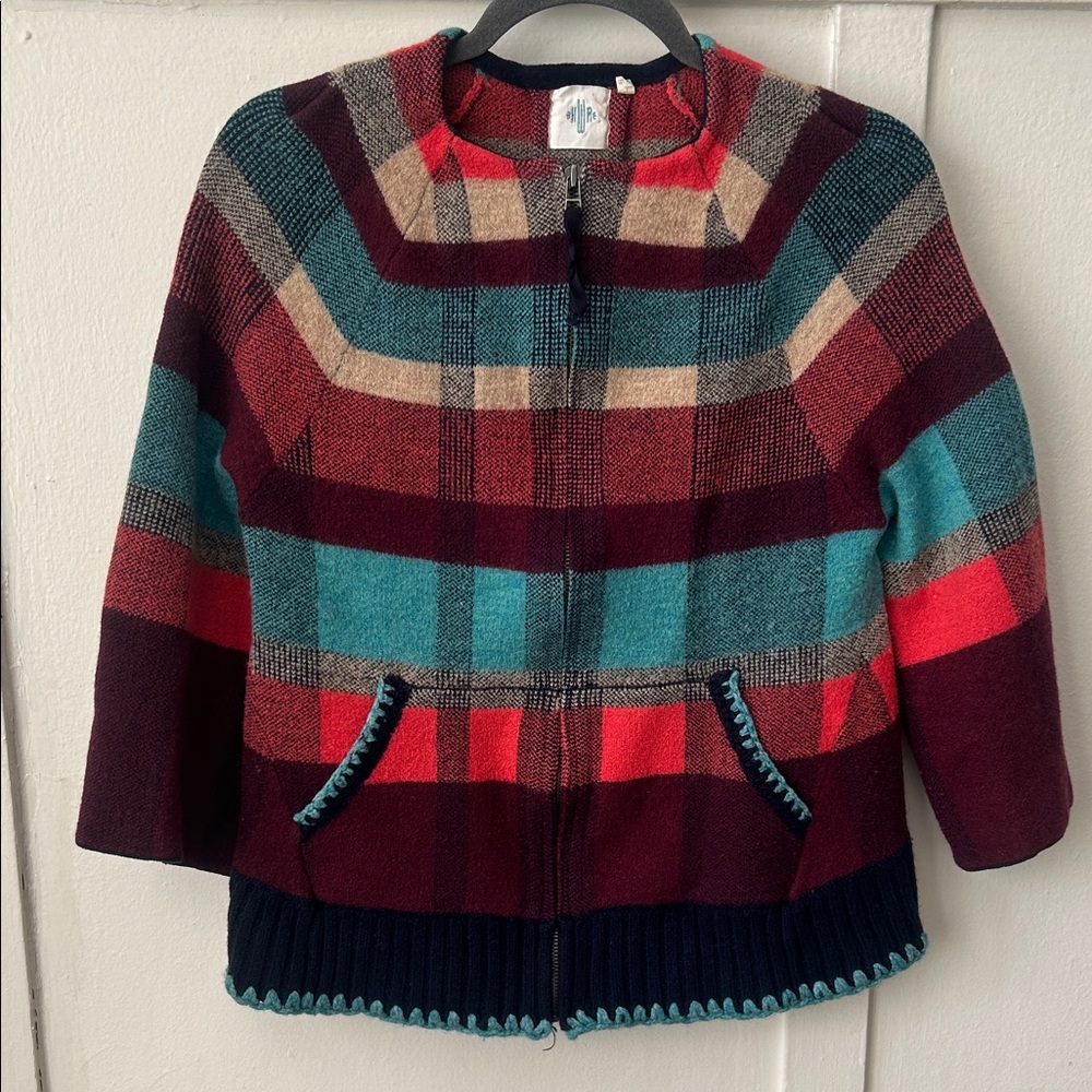 Anthropologie HWR Monogram Cardigan Zip Up Plaid Sweater Size Small
